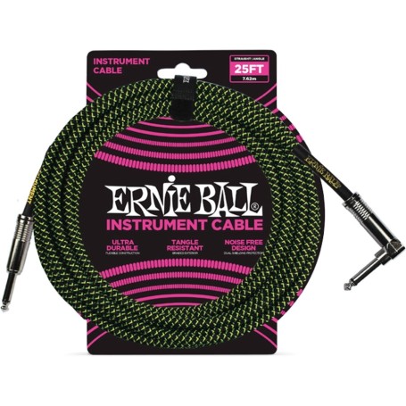 ErnieBall 6066 25 FT STRAIGHT/ANGLE BRAIDED BLACK /GREEN paradisesound strumenti musicali on line