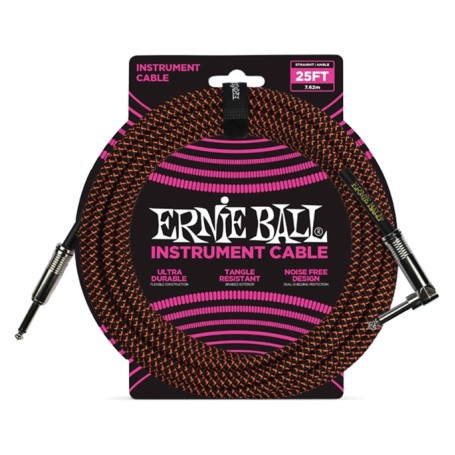 Ernie Ball 6064 25 FT STRAIGHT/ANGLE BRAIDED BLACK/ORANGE CAB paradisesound strumenti musicali on line